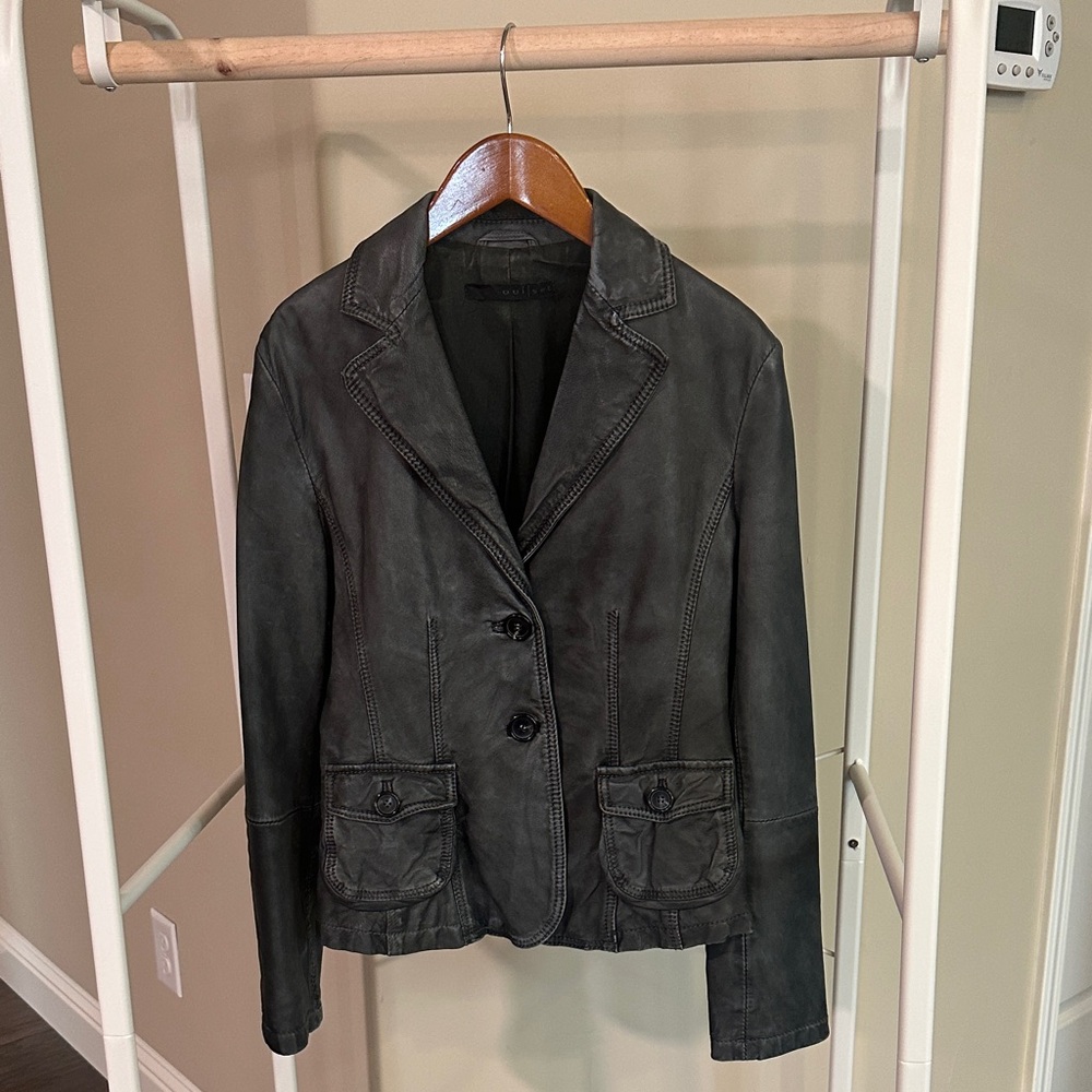 Oui | Set Vintage Washed Dark Gray Leather Jacket
